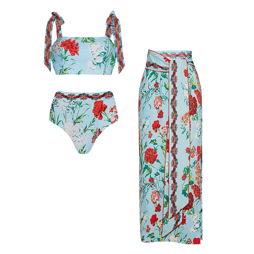Tie-shoulder Blossom Printed Bikini Swimsuit and Skirt Flaxmaker