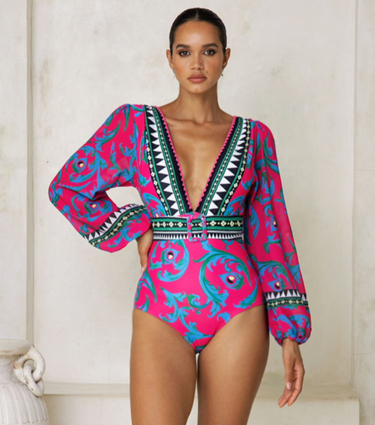 Long-sleeved Peacock Totem Print One Piece Swimsuit and Sarong Flaxmaker