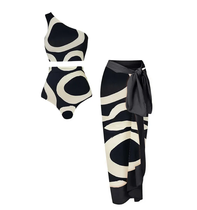 One Shoulder High Waist Printed Bikini Swimsuit and Sarong Flaxmaker