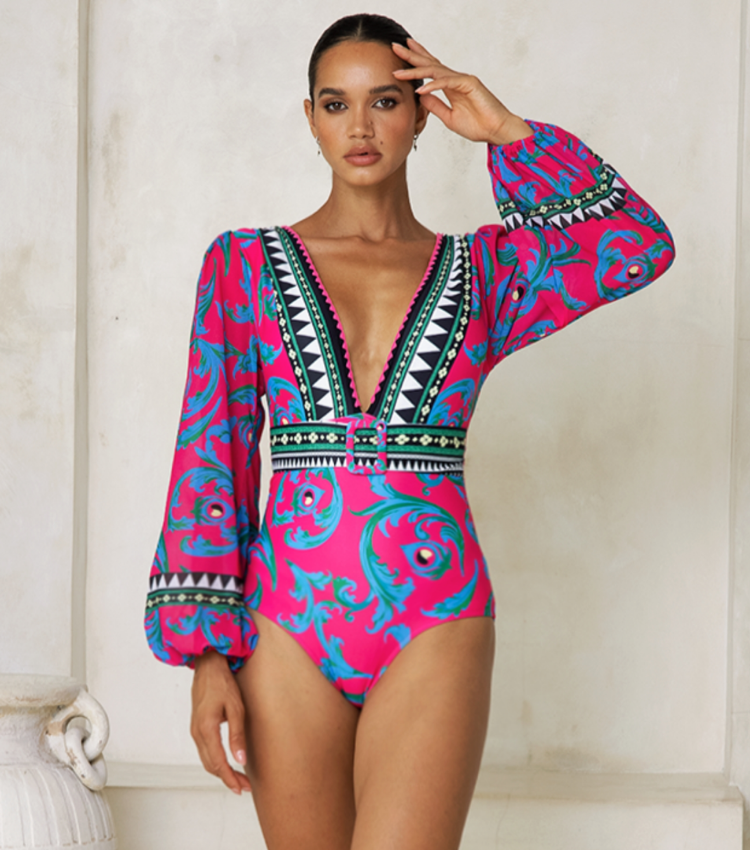 Long-sleeved Peacock Totem Print One Piece Swimsuit and Sarong Flaxmaker