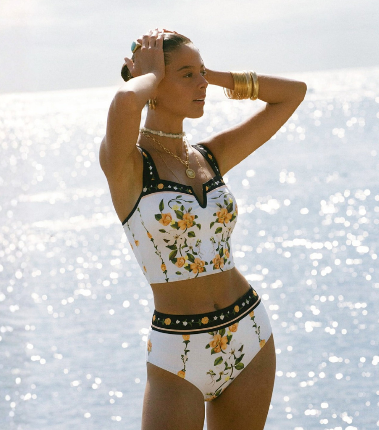 Black Beige And Orange Floral Print Two-Piece Swimsuit Set(s)