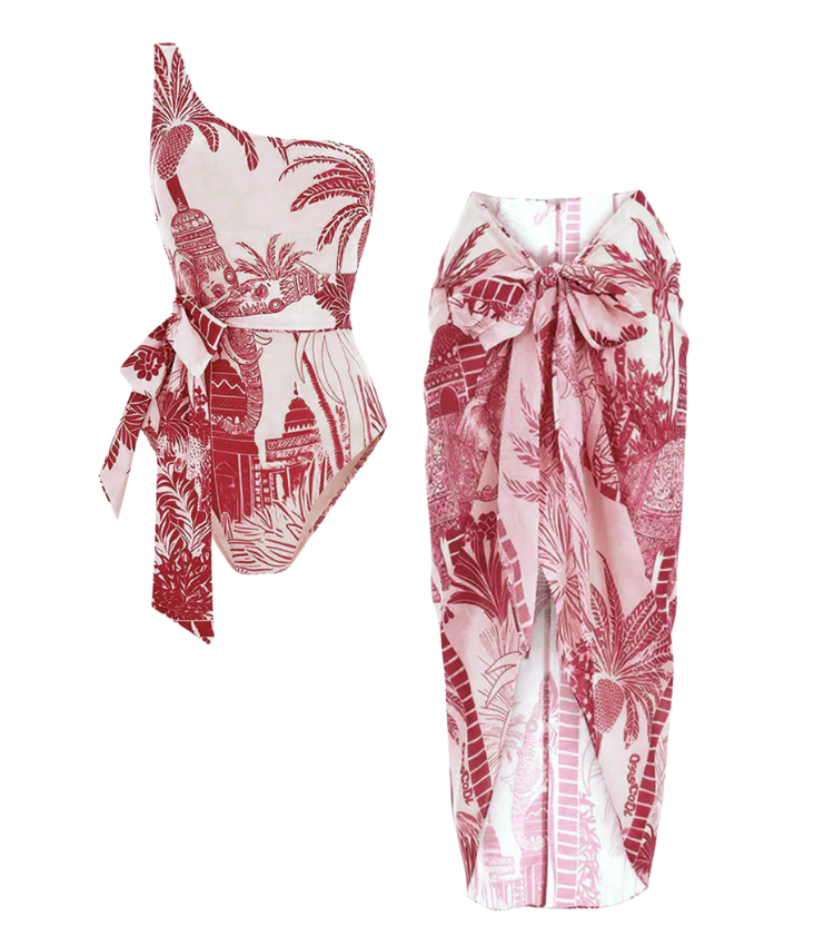 One Shoulder Coconut Palm Print One Piece Swimsuit and Sarong