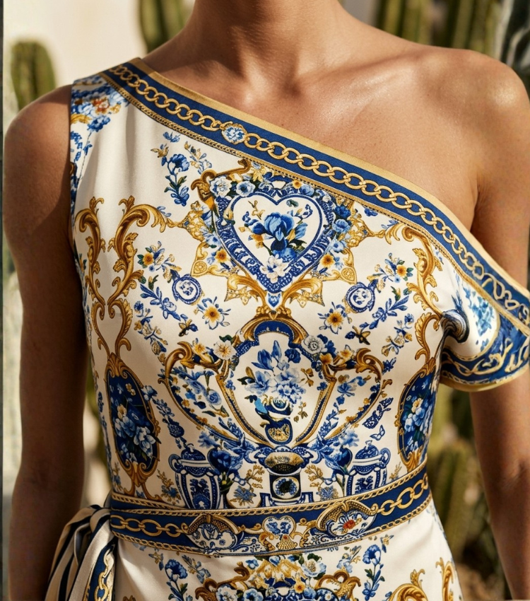 Azure Porcelain One-Shoulder Mini Dress