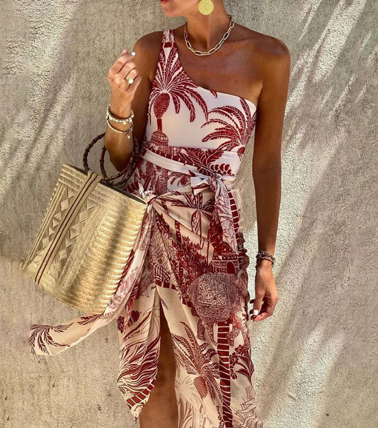 One Shoulder Coconut Palm Print One Piece Swimsuit and Sarong