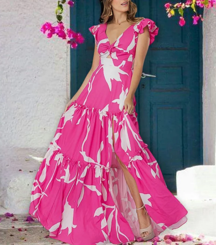 V Neck Ruffle Printed One Piece Swimsuit and Skirt