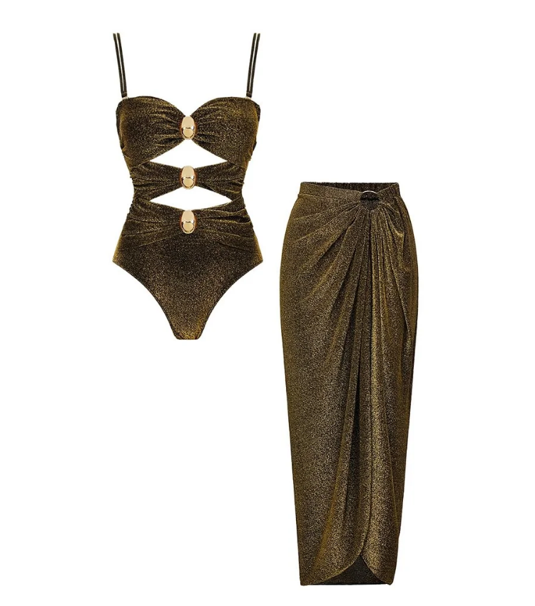 Gold Glitter Cutout Fabric One Piece Swimsuit and Skirt