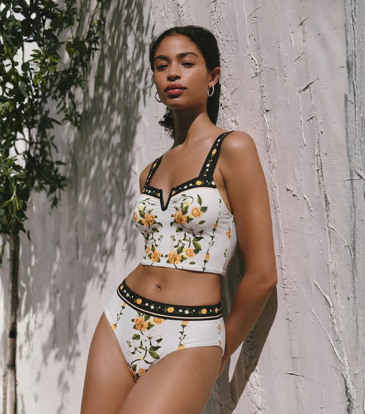 Black Beige And Orange Floral Print Two-Piece Swimsuit Set(s)