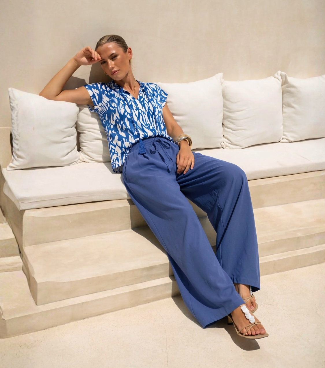 Solid Blue Drawstring Pants & Shorts Set