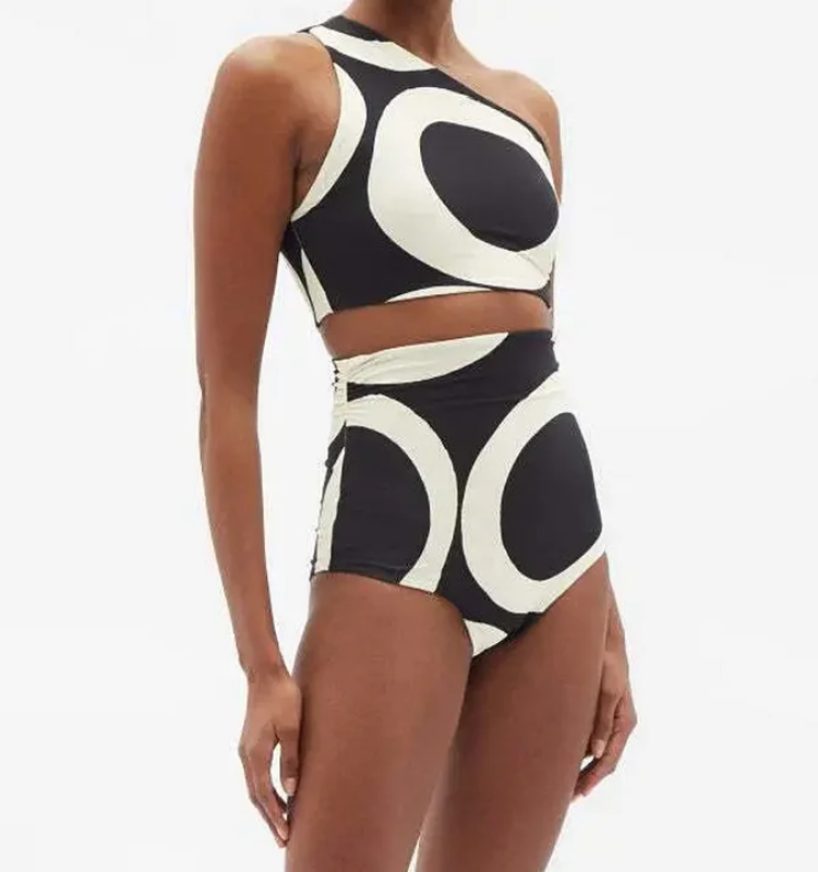 One Shoulder High Waist Printed Bikini Swimsuit and Sarong Flaxmaker