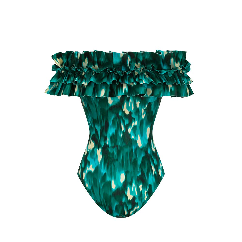 Bandeau Ruffled Green Blooming Print One Piece Swimsuit and Mesh Splicing Sarong