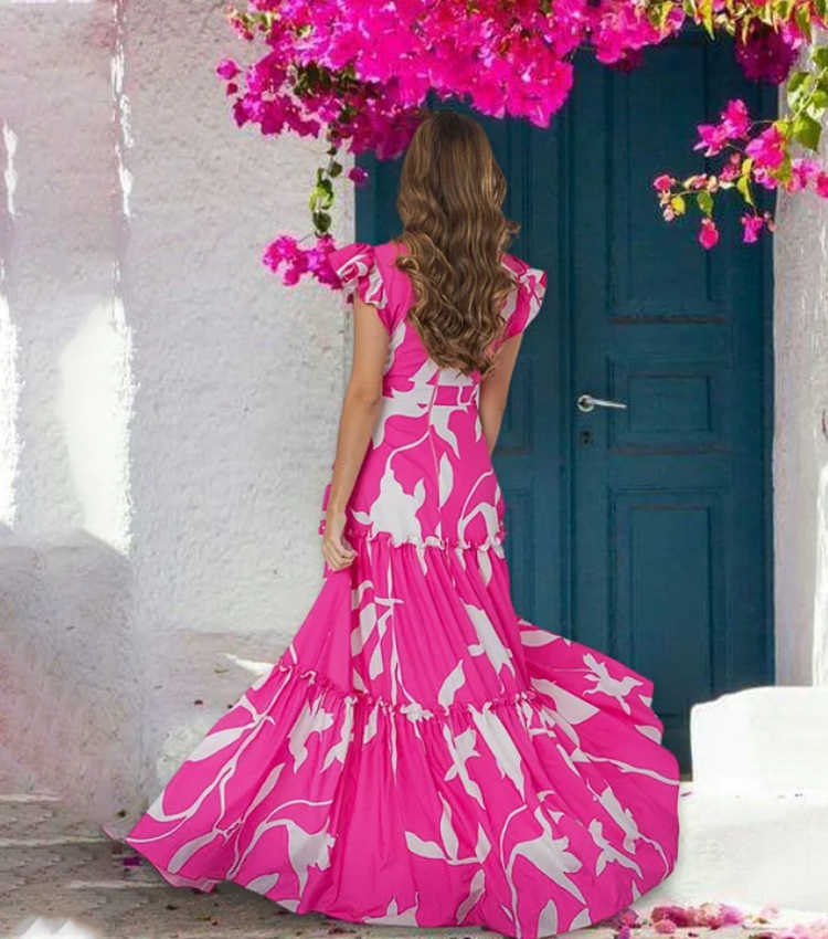 V Neck Ruffle Printed One Piece Swimsuit and Skirt