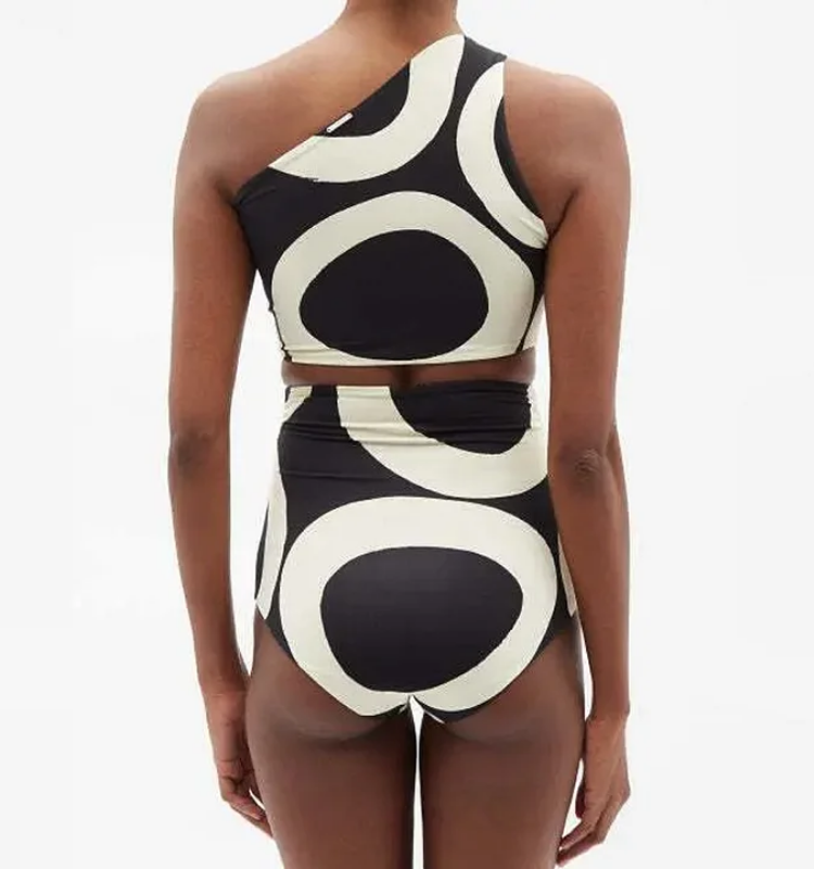 One Shoulder High Waist Printed Bikini Swimsuit and Sarong Flaxmaker