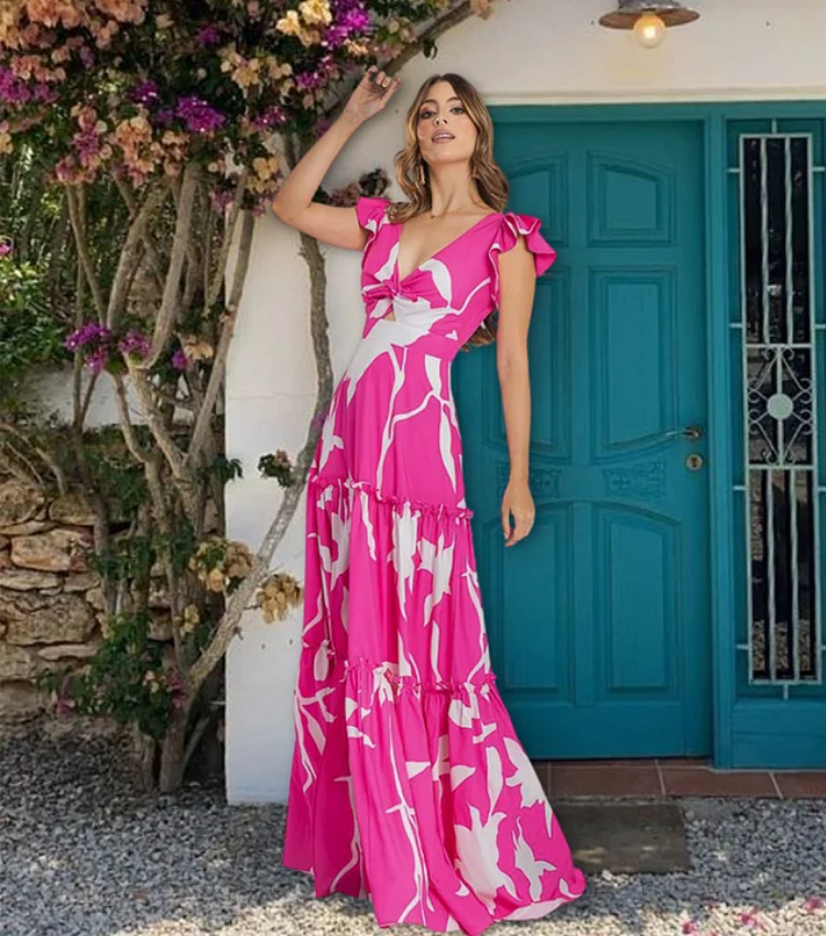 V Neck Ruffle Printed One Piece Swimsuit and Skirt