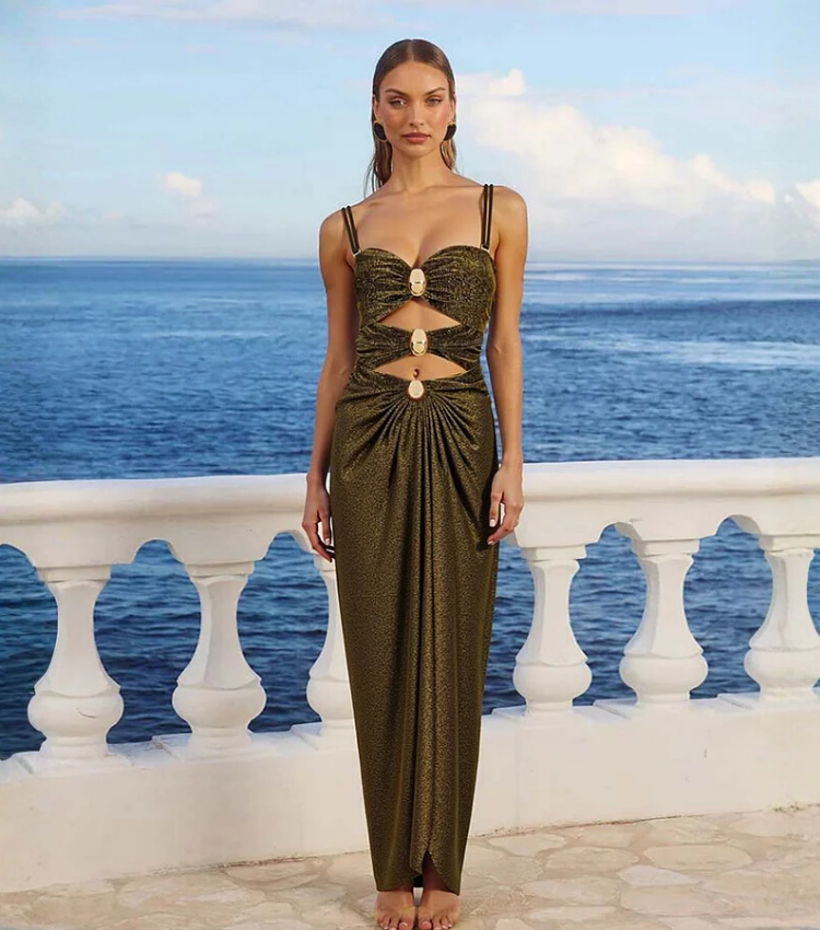 Gold Glitter Cutout Fabric One Piece Swimsuit and Skirt
