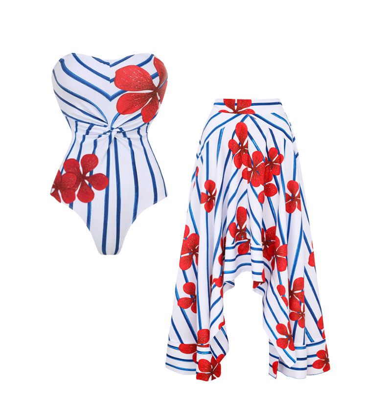 Off Shoulder Print One Piece Swimsuit and Skirt