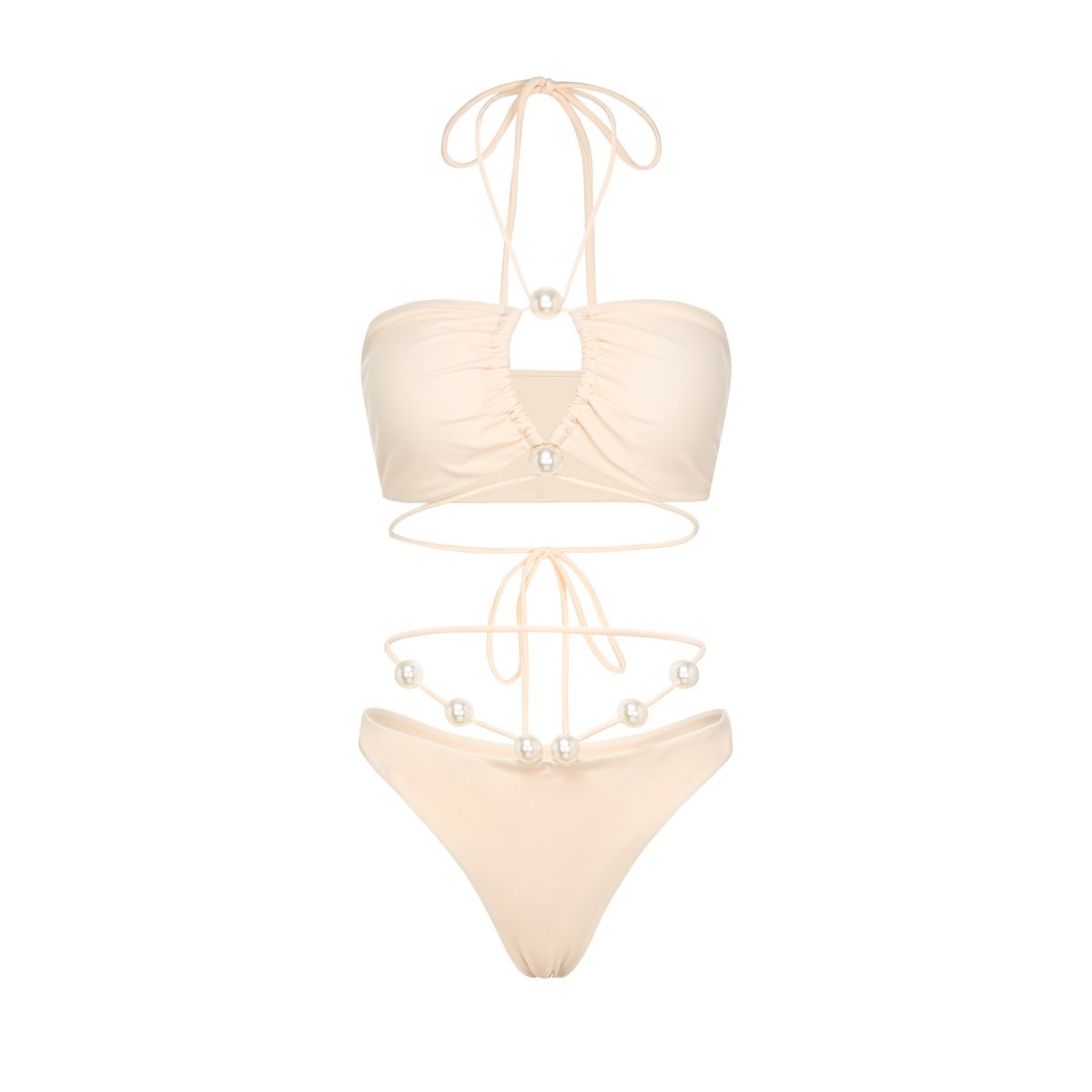 Halterneck Pearl Bandeau High Waist Bikini Swimsuit and Sarong