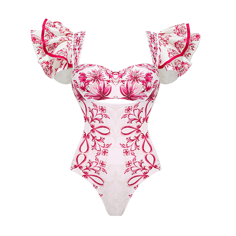 Ruffle Cut Out Lily and Majolica Series Pattern Print One Piece Swimsuit and Skirt or Pants