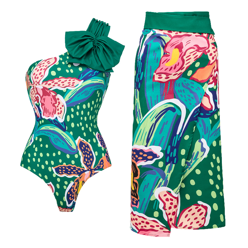 Printed One Shoulder One Piece Swimsuit and Sarong Flaxmaker