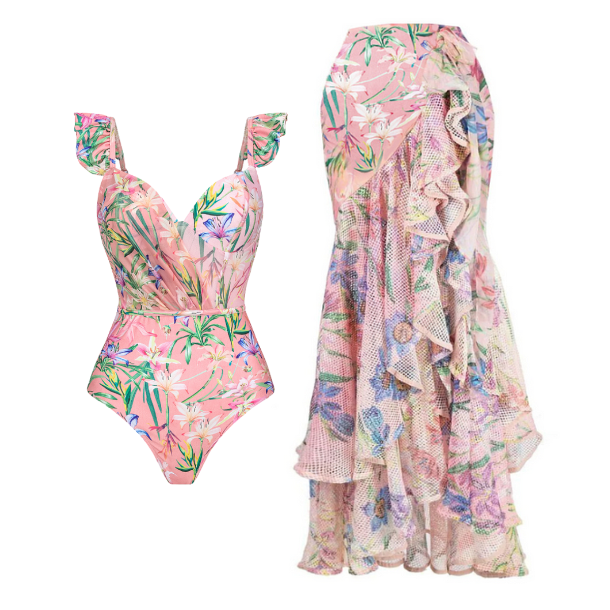 V Neck Floral Print One Piece Swimsuit and Mesh Splicing Skirt Flaxmaker