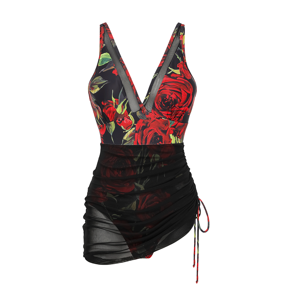 Plus Size V Neck Printed Tummy Control Slimming Mesh Sheer Swim Dress