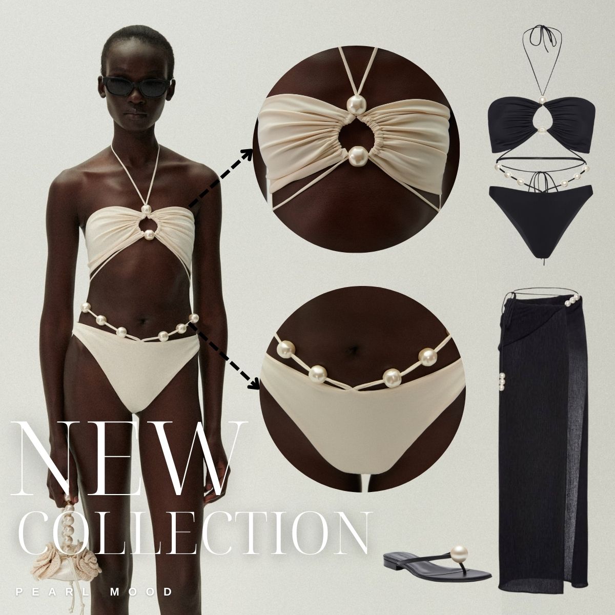 Halterneck Pearl Bandeau High Waist Bikini Swimsuit and Sarong