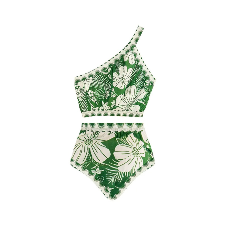 One Shoulder Green Flower Printed Bikini Swimsuit and Skirt