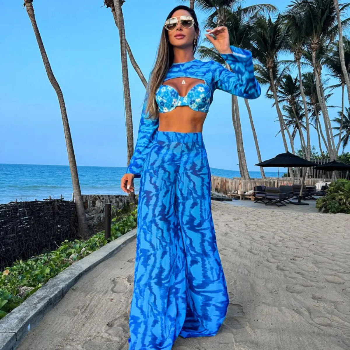 Long Sleeve  Floral Print Bikini Swimsuit and Pants