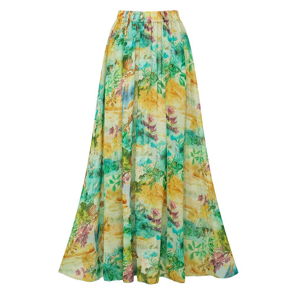 Landscape Prints Hollow One Piece Swimsuit and Skirt