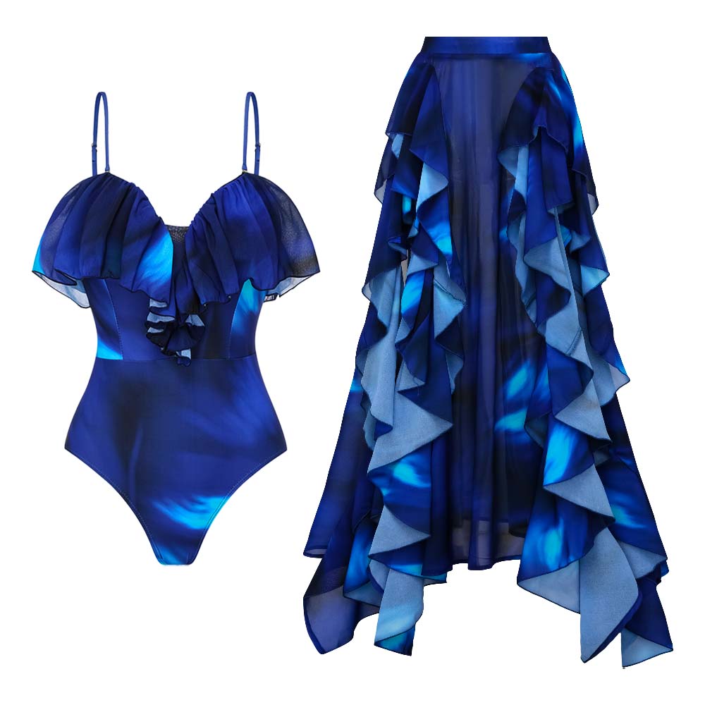 Blue Blooming Ruffle One Piece Swimsuit and Skirt