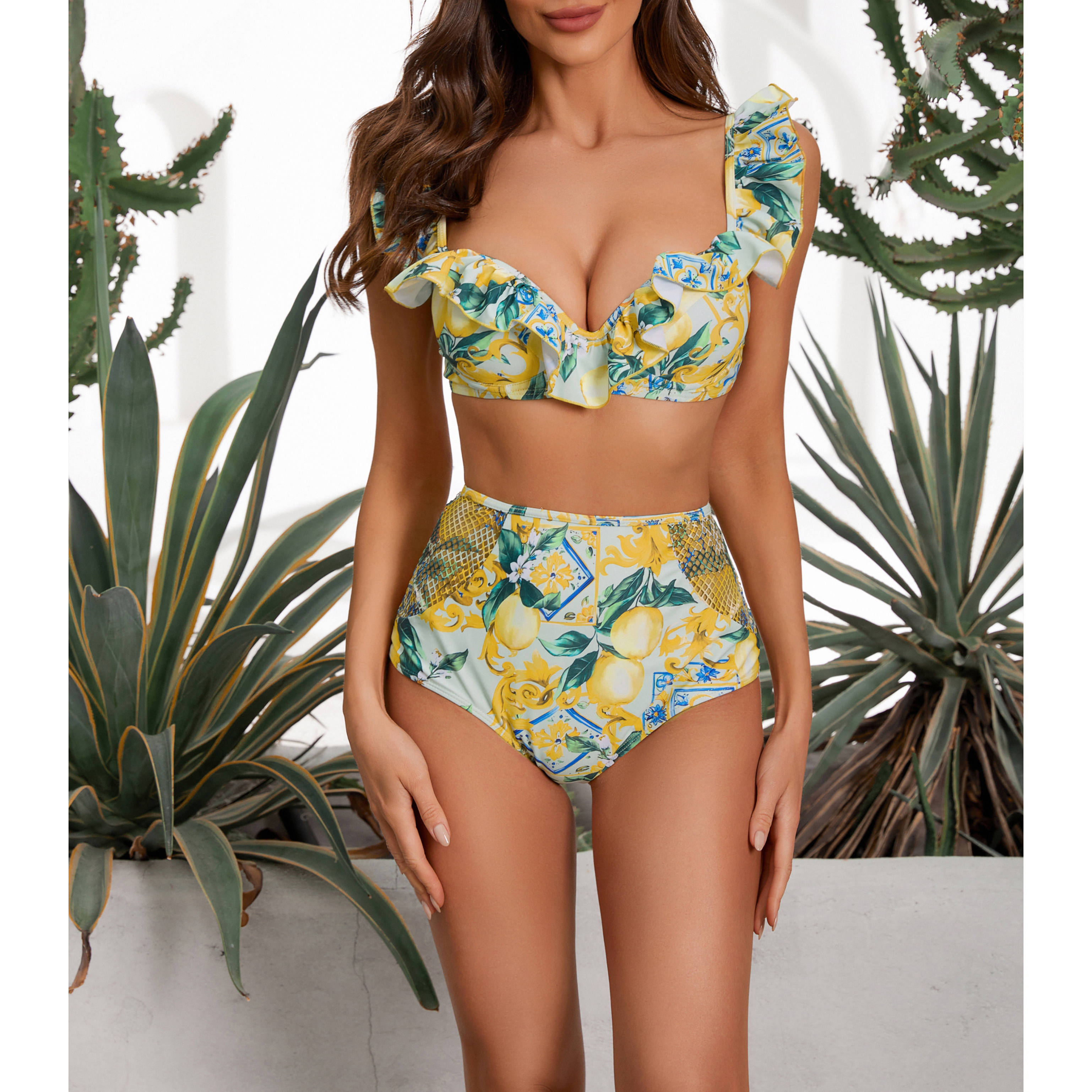 Lemon Print Ruffle Strap Bikini Swimsuit and Mesh Splicing Sarong Flaxmaker