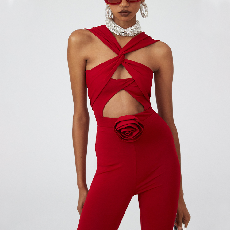 3D Flower Cut Out Cross Straps One Piece Swimsuit and Pants Flaxmaker