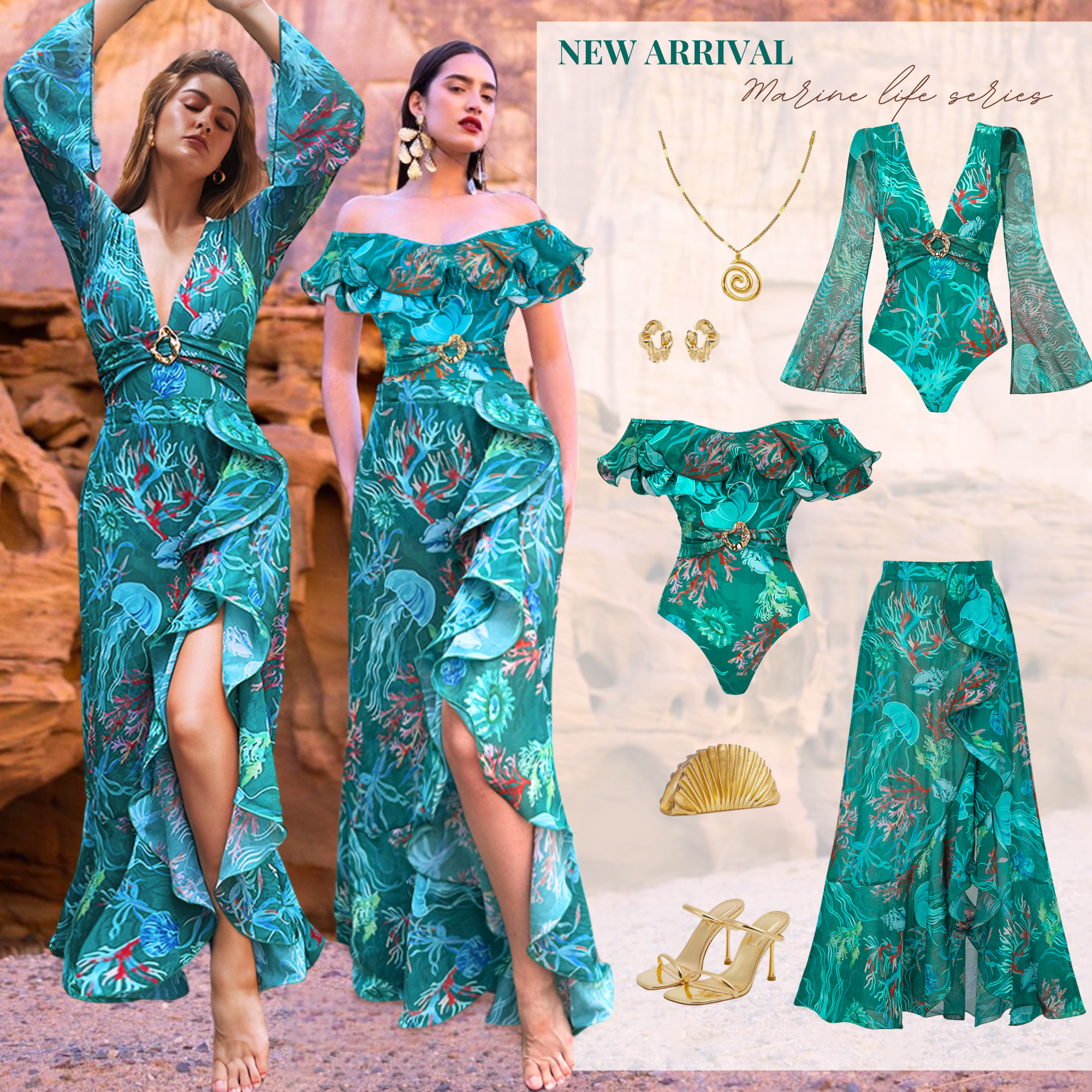 Removable Shoulder Strap Off Shoulder Marine Organism One Piece Swimsuit and Skirt