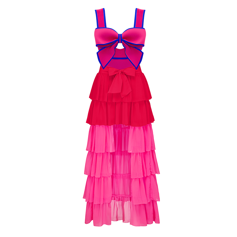 Bow Front Cut Out Color Block One Piece Swimsuit and Skirt