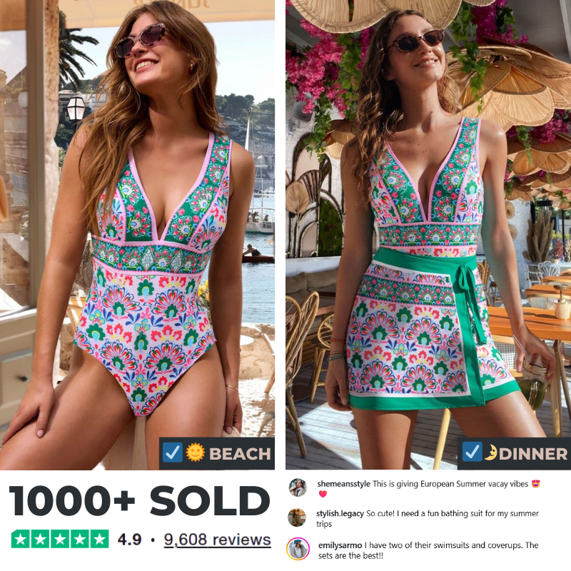 V Neck Printed One Piece Swimsuit and Skirt