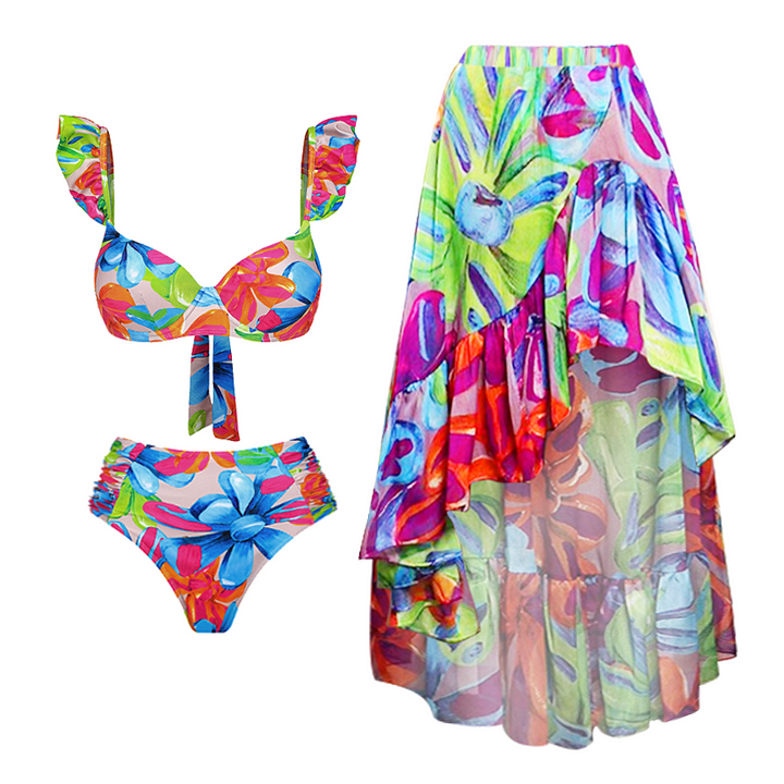 Plus Size Floral Printed Bikini Swimsuit and Skirt