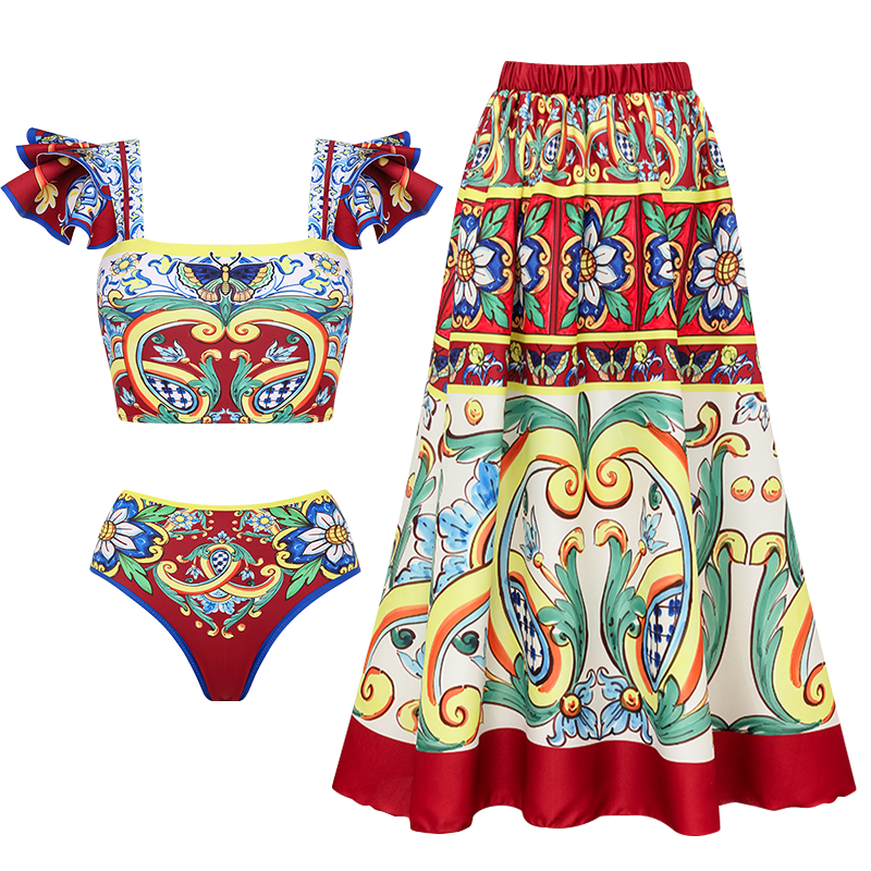 Ruffle Printed  Bikini Swimsuit and Skirt Flaxmaker