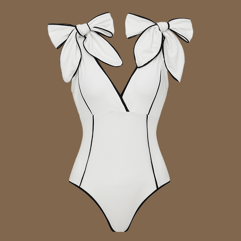 Plus Size Black and White Bowknot Shoulder One Piece Swimsuit and Skirt