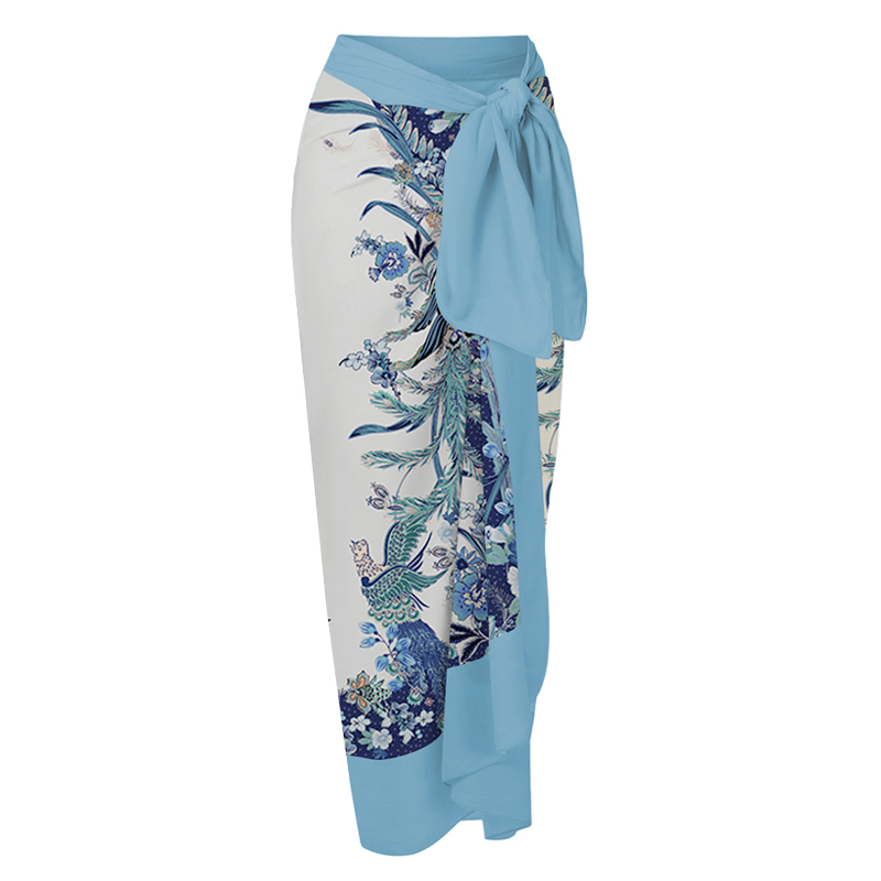 Blue Reversible Bowknot Tie-shoulder One Piece Swimsuit and Sarong/Skirt Flaxmaker