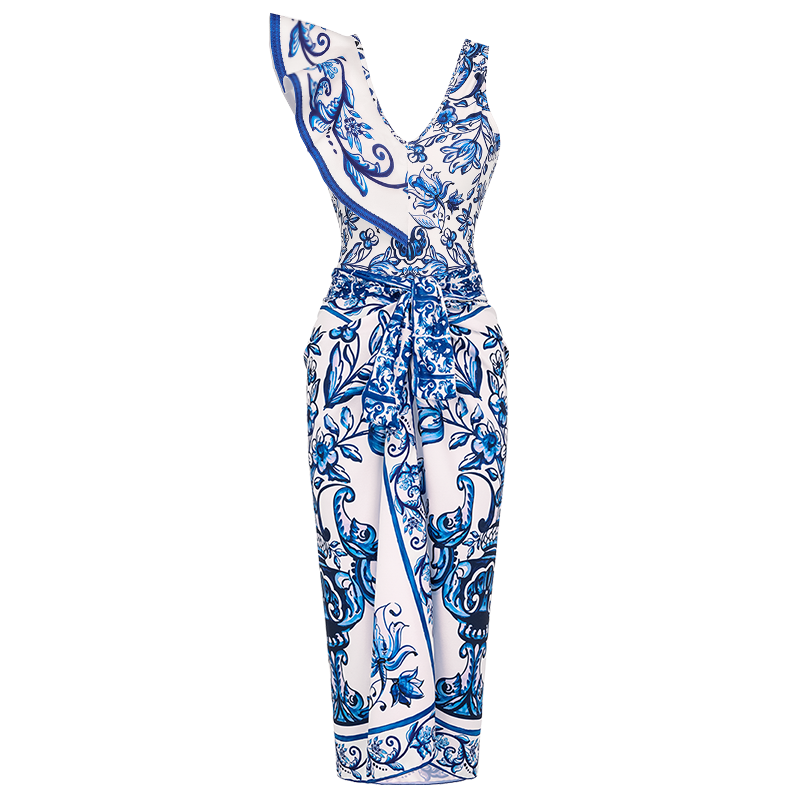 Ruffle V Neck Blue and White Porcelain Majolica Pattern Print One Piece Swimsuit and Skirt or Sarong