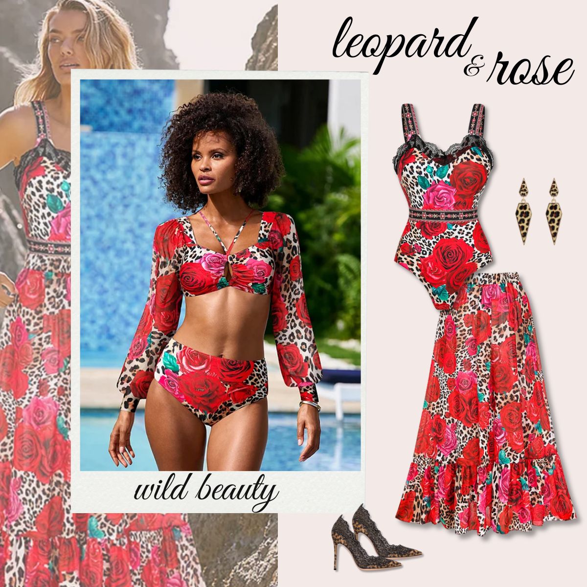 Lace Up Chiffon Long Sleeves Leopard Print High Waist Bikini Swimsuit and Skirt