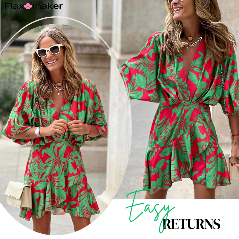 V Neck Ruffle Printed Mini Dress