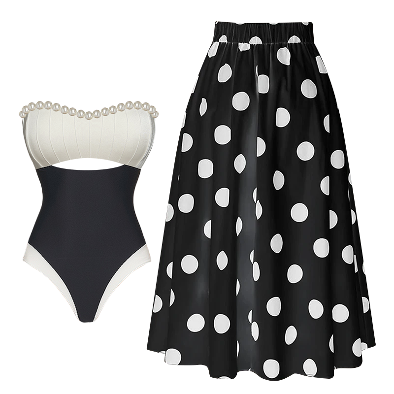 Off Shoulder Artificial Pearl Decor White One Piece Swimsuit and Skirt