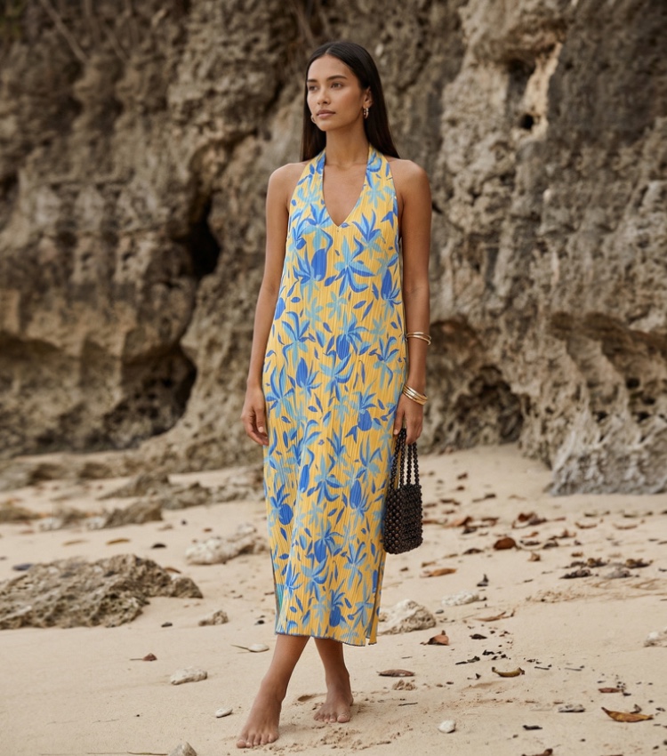 Pleated Loose-Fit Halter Neck Beach Dress