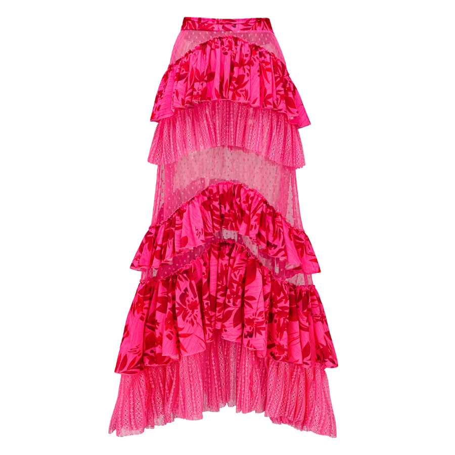 Rose Red Flower Print Net Yarn Splicing One Piece Swimsuit and Tiered Skirt