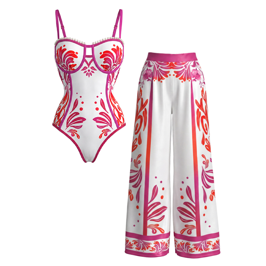 Pearl-Trimmed Fuchsia & Coral Print Corset Bathing SuiSlim & Sculpt Floral Swimsuit Set(s)