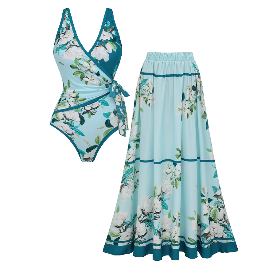 Light Cyan & Teal Flower Print Swimsuit Set(s)