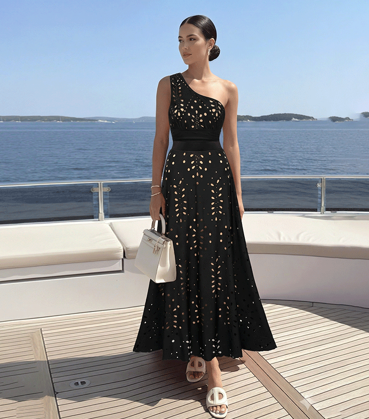 One Shoulder Tummy Control Black Laser Cutting Flower Swimsuit Set(s)