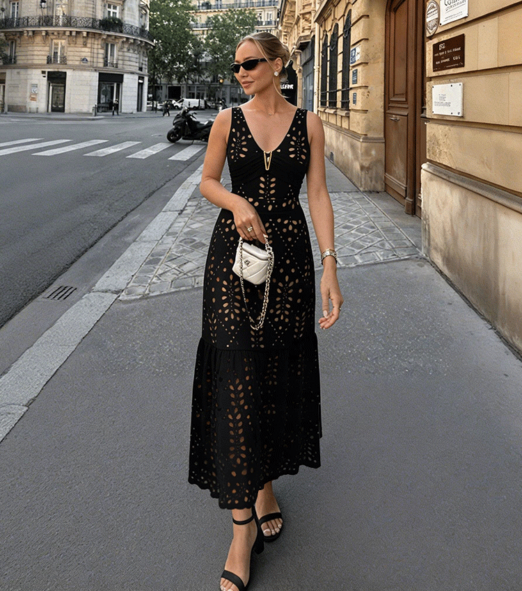 V Neck Black Laser Cutting Flower Swimsuit Set(s)