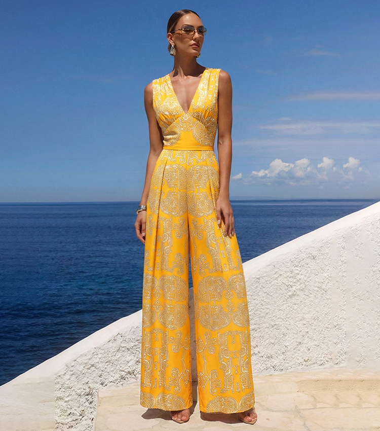 V Neck Yellow Tribal Style Print Swimsuit Set(s)