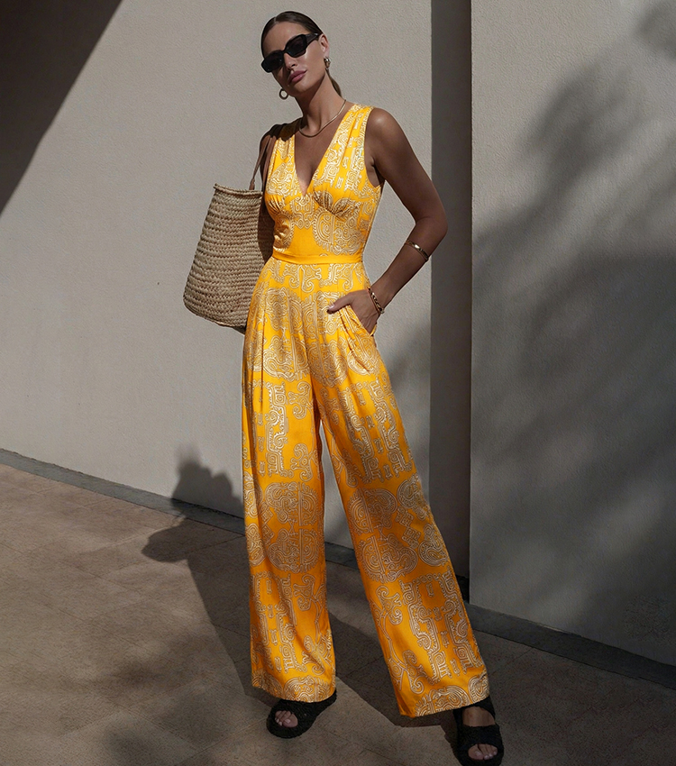 V Neck Yellow Tribal Style Print Swimsuit Set(s)